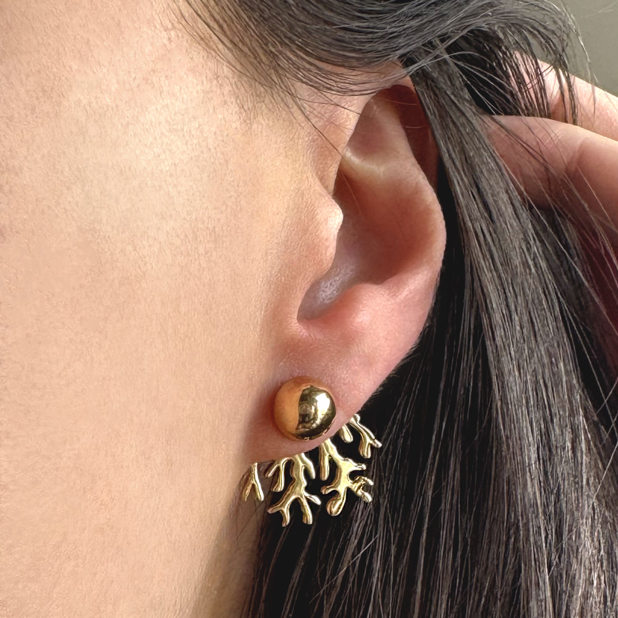 Aretes Coral Baño de Oro Ear Jackets Joyeria Mexicana Mar